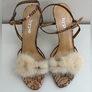 Hype Metallic Brown Strappy High Heels with Cream Fur Pom